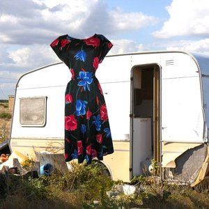 1970s vintage black floral midi skater dress size large